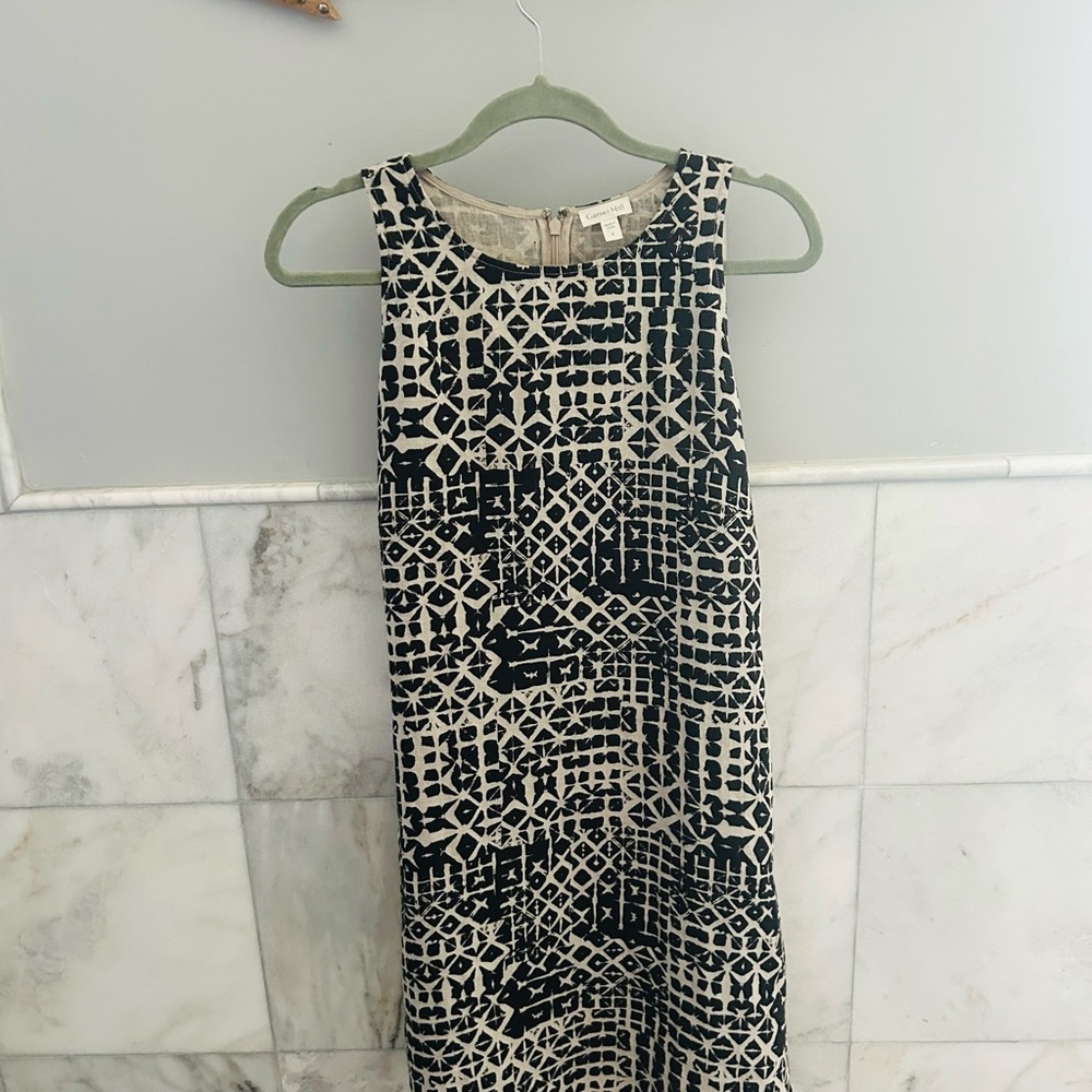 Garnet Hill black and Cream Geometric Safari Dress 100% linen 8